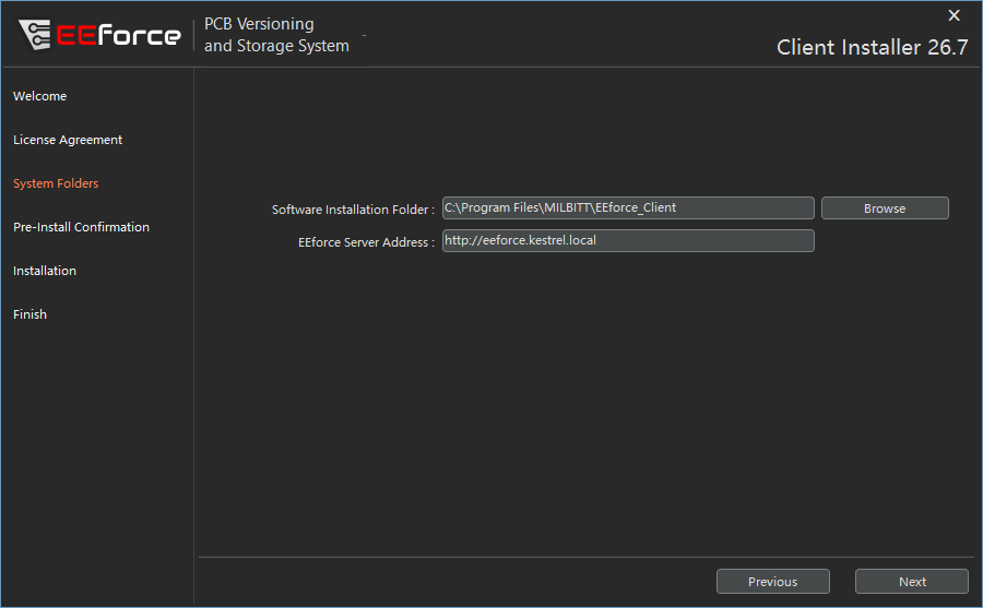 Install folder and server address