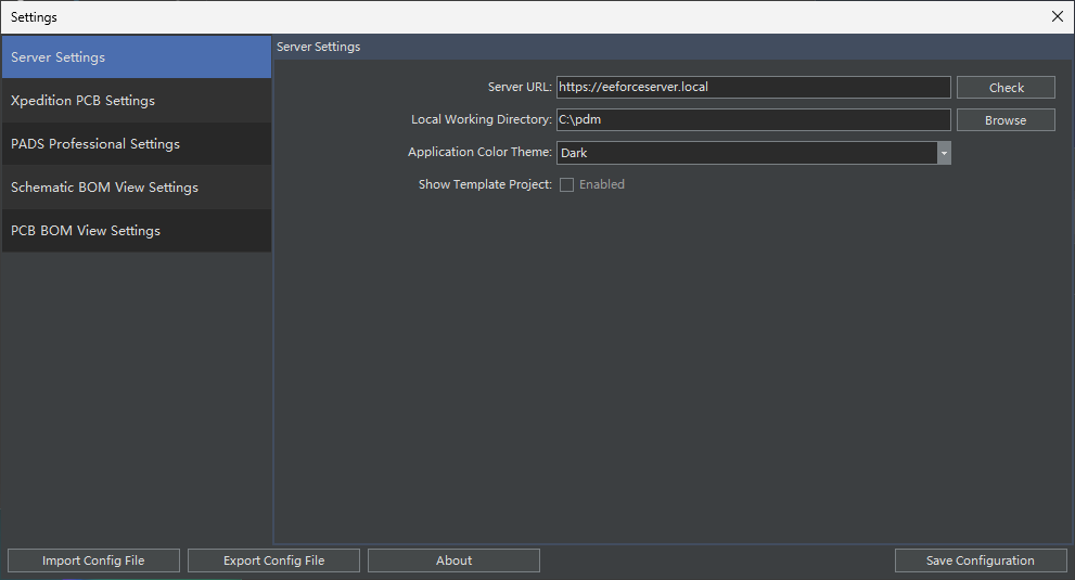 Settings window