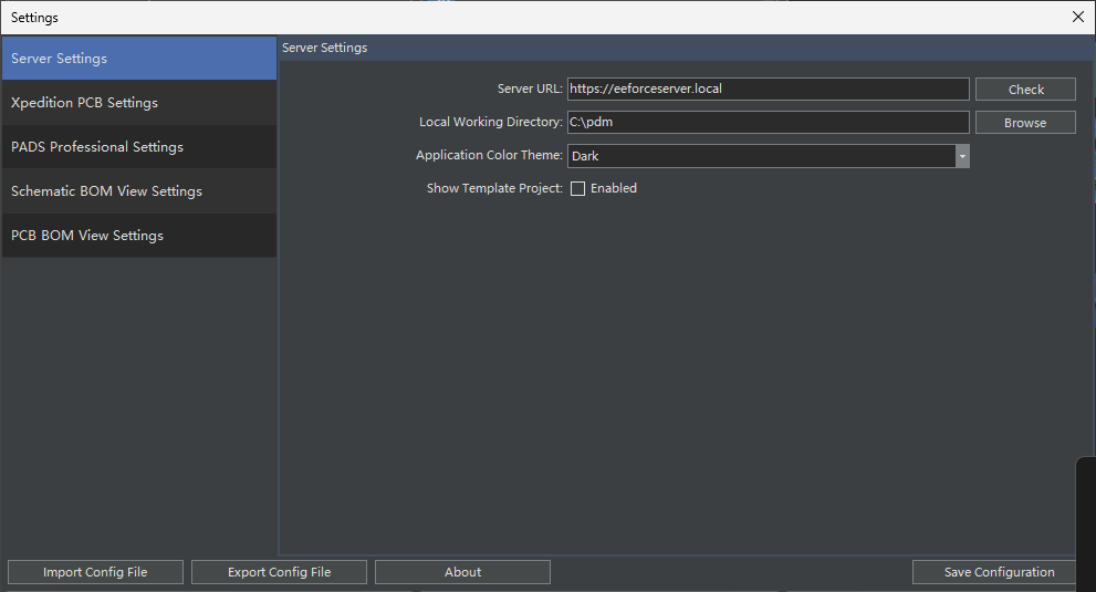 Settings window