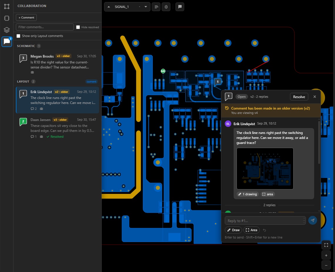 The Collaboration panel and a comment thread pinned to the SP-12 layout