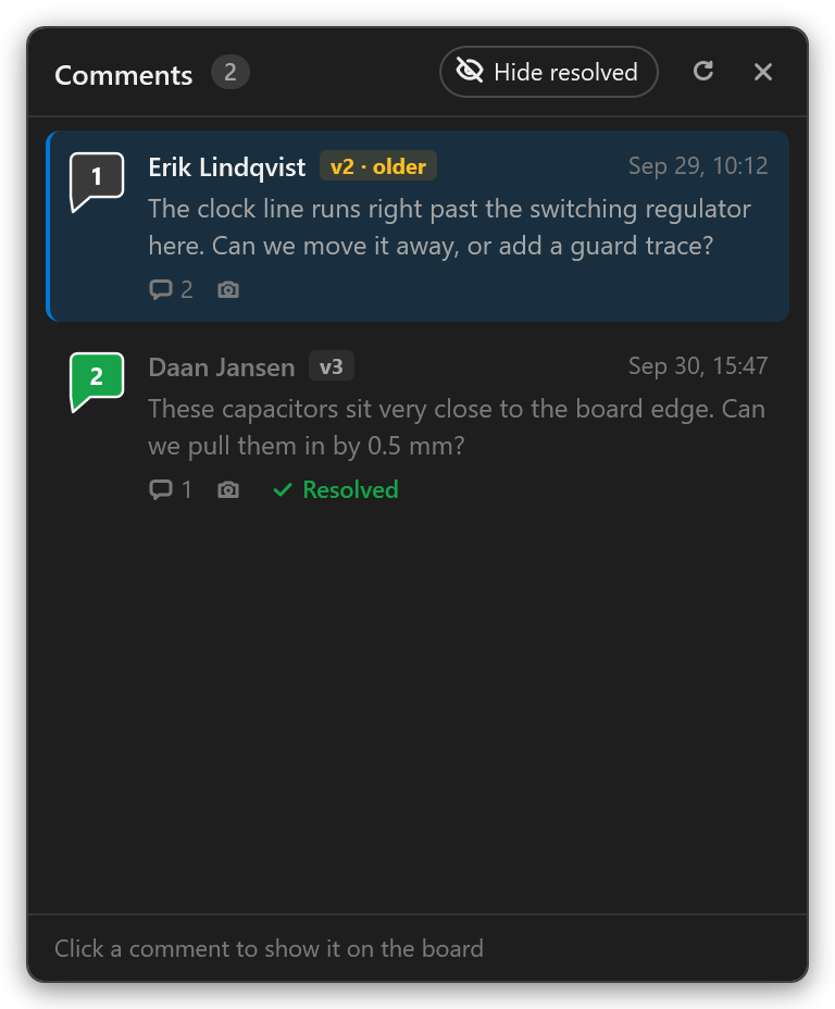 The comment list in the editor