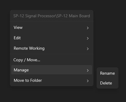 The right-click menu on a design