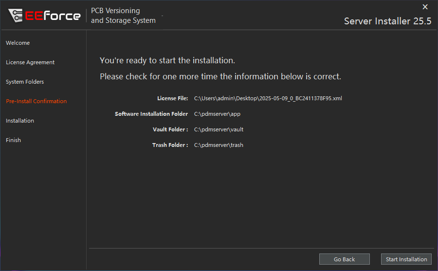 Installation confirmation
