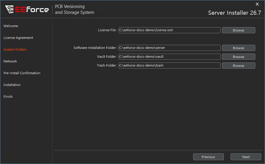 Folder and licence file settings