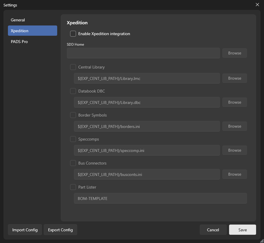 Xpedition tool settings