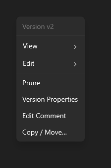 The right-click menu on a version
