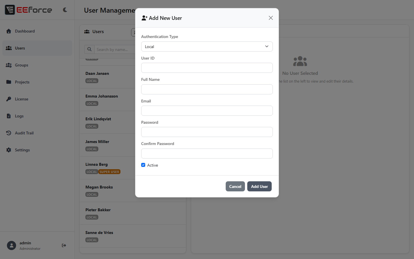 The Add New User dialog