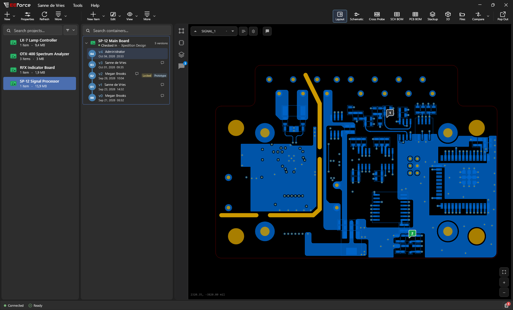 The EEforce desktop app: projects, the version history of the SP-12 Main Board and its layout preview
