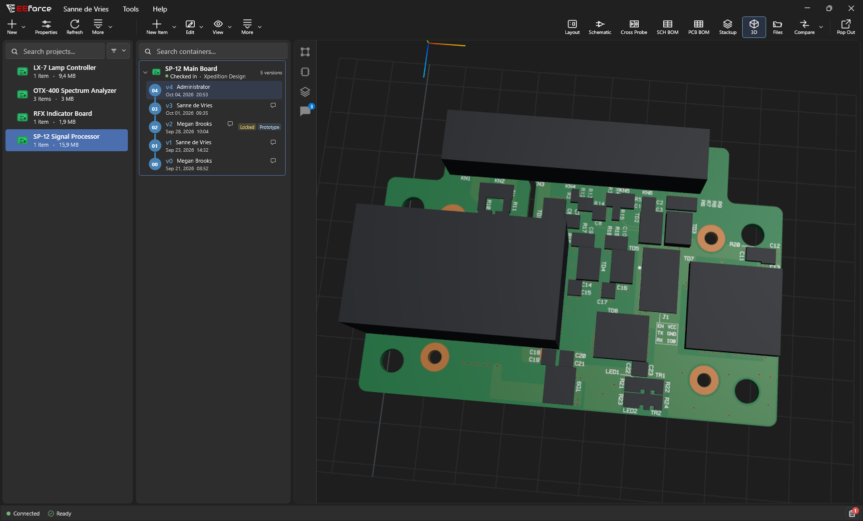 The EEforce desktop app showing the 3d view of the SP-12 Main Board, with its projects and versions