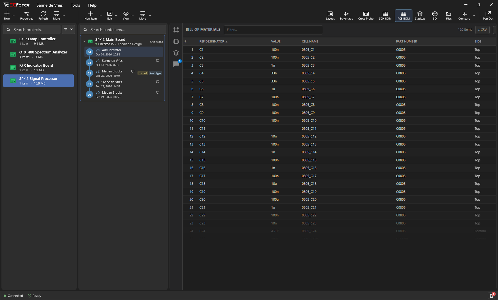 The EEforce desktop app showing the pcb bom view of the SP-12 Main Board, with its projects and versions