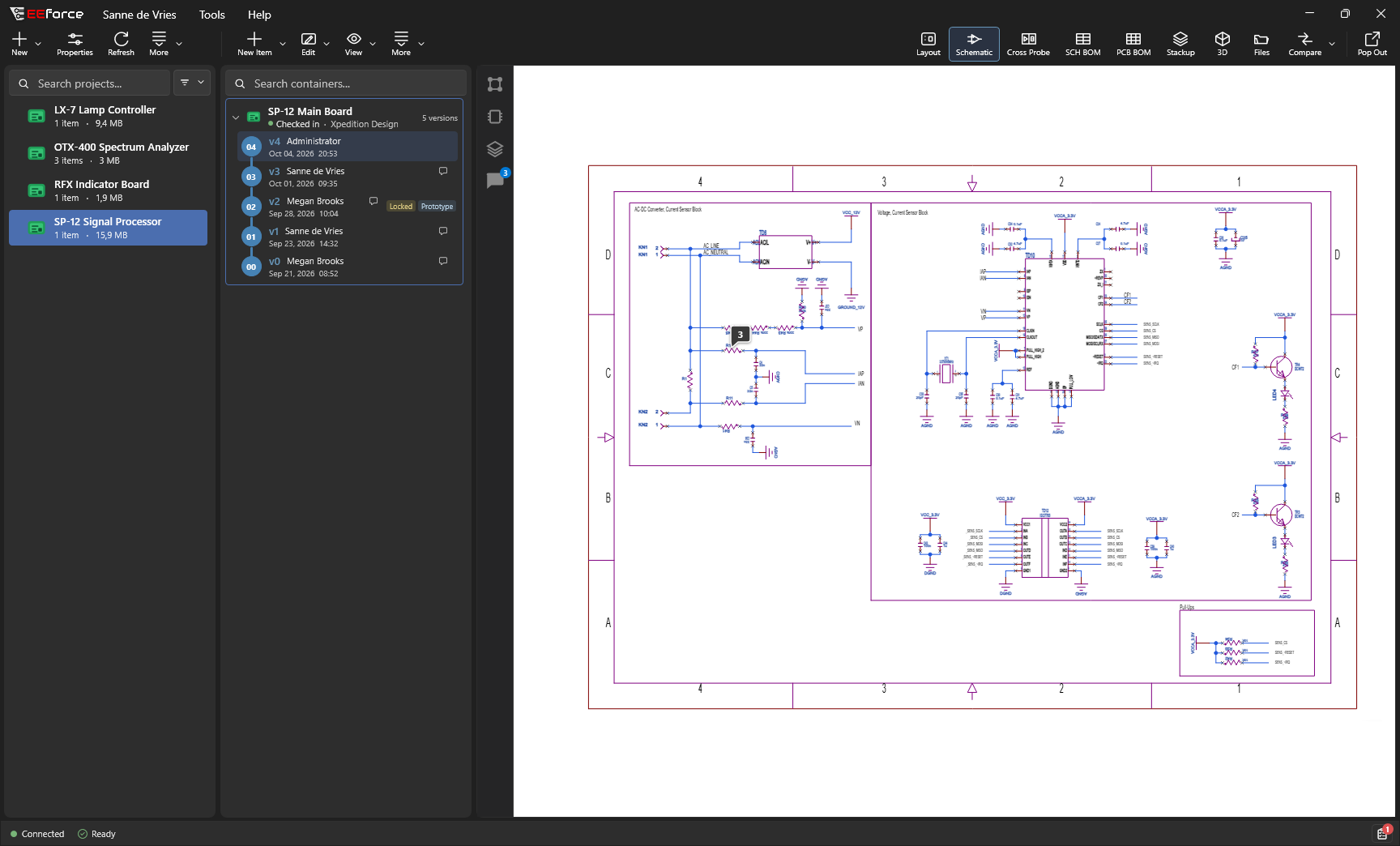 The EEforce desktop app showing the schematic view of the SP-12 Main Board, with its projects and versions